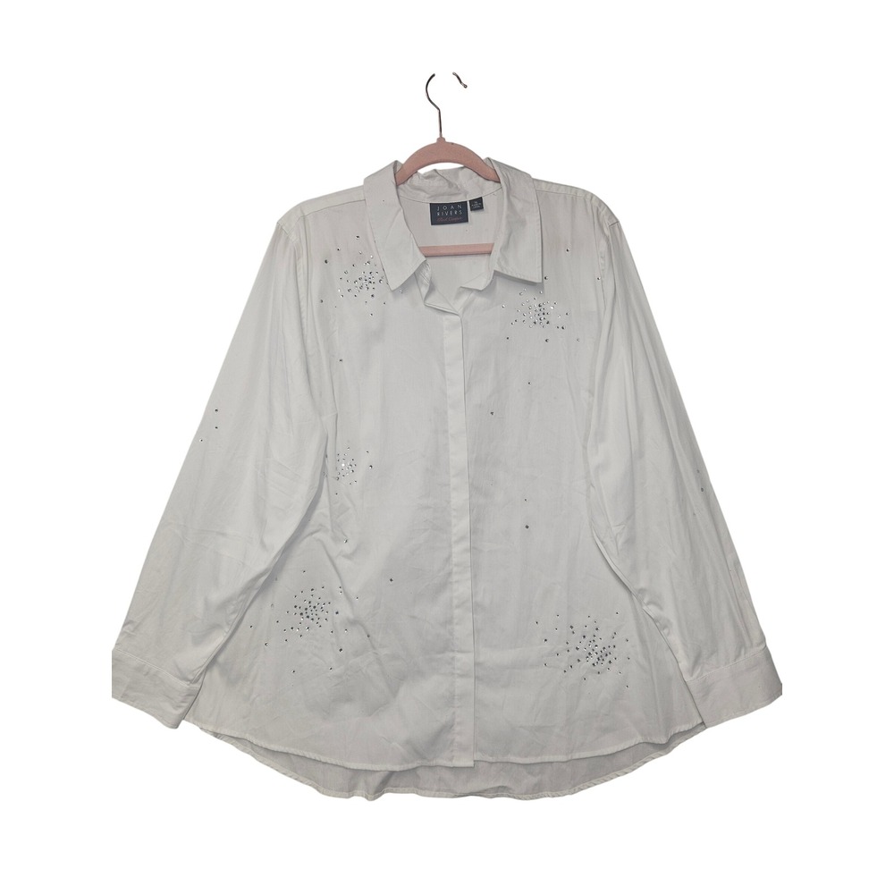Joan Rivers Red Carpet White Cotton Rhinestone Button Down Shirt Blouse XL